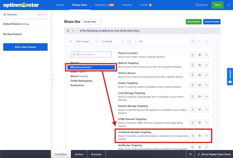 Select the JavaScript Variable Targeting rule.