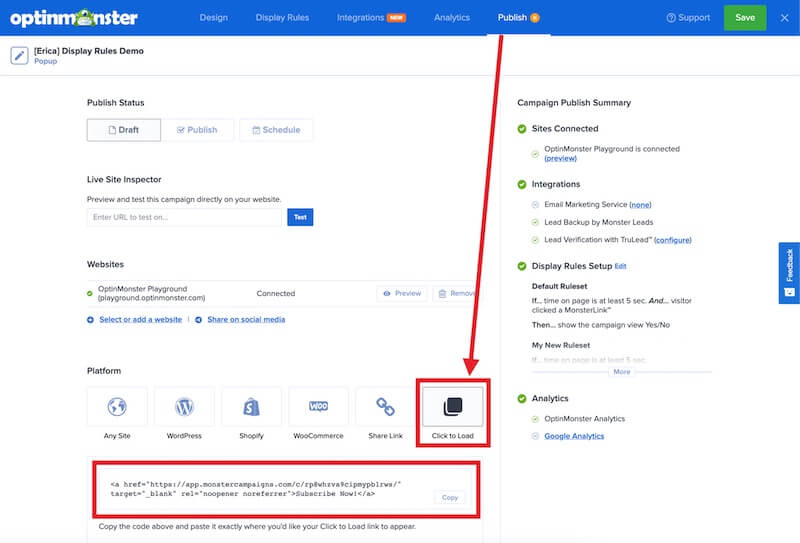 Copy the MonsterLink sample code from the Publish screen of the OptinMonster campaign builder.
