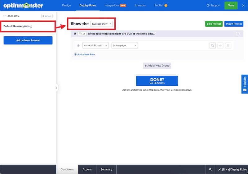 Success view setting in the Ruleset.