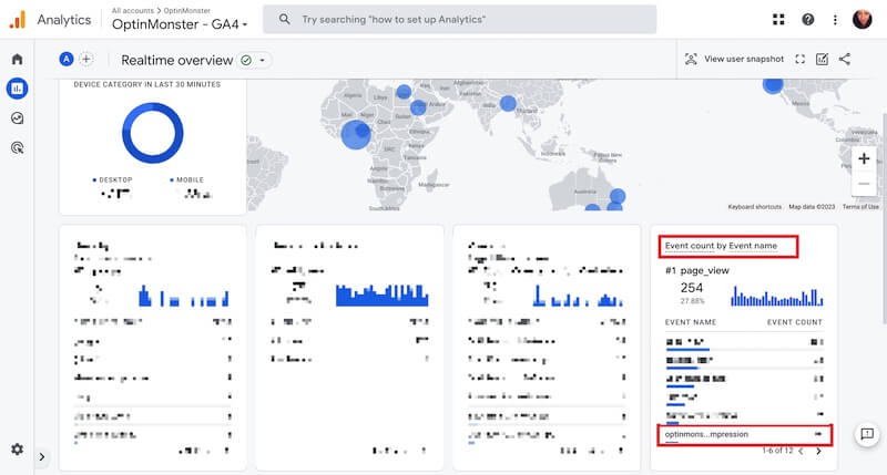 Default Realtime report for OptinMonster Events in Google Analytics.