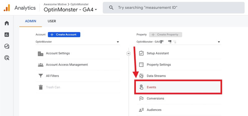 Select Events for your Google Analytics Property.