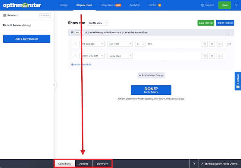 Display Rules footer options allow you to configure the Conditions and Actions.