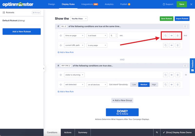 Copy, toggle the visibility, or delete an individual Rule.