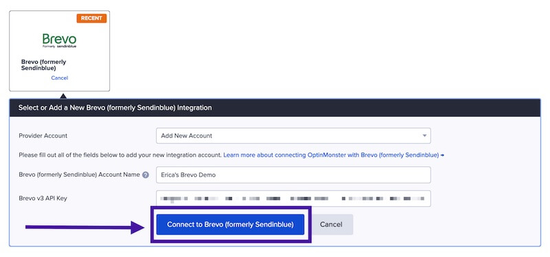 Name the integration and enter your Brevo API Key to connect.