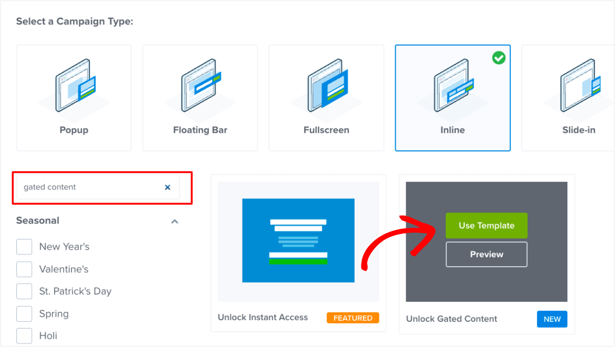 Selecting the "Unlock Gated Content" template in OptinMonster