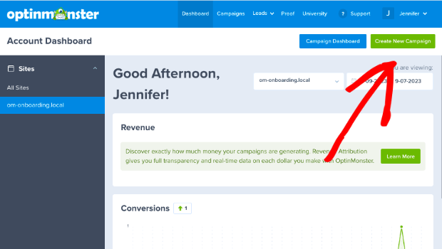 "Create New Campaign" button in the OptinMonster Account Dashboard.